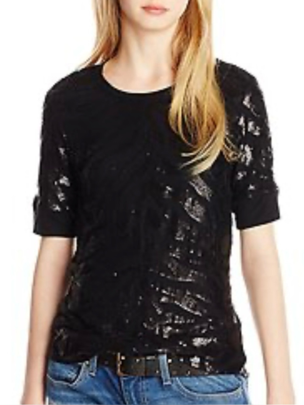 Rebecca Taylor Black Sequin Tiger Pattern Knit Short Sleeve Top -size XS